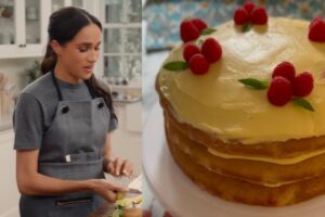 Meghan che cucina e la sua torta alla glassa di limone e lamponi