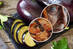 Melanzane, doppiette e il primo piano di un'anziana siciliana