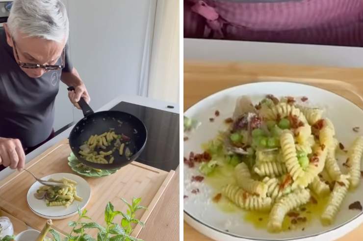 collage barbieri e piatto di pasta e piselli