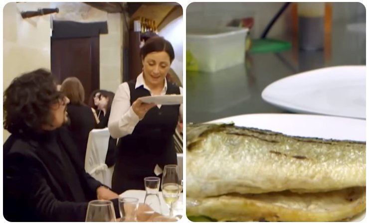 borghese e titolare che mostra piatto pesce a 4 ristoranti