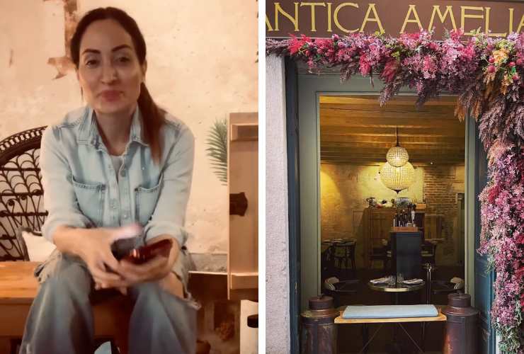 collage proprietaria Antica Amelia e vetrina ristorante