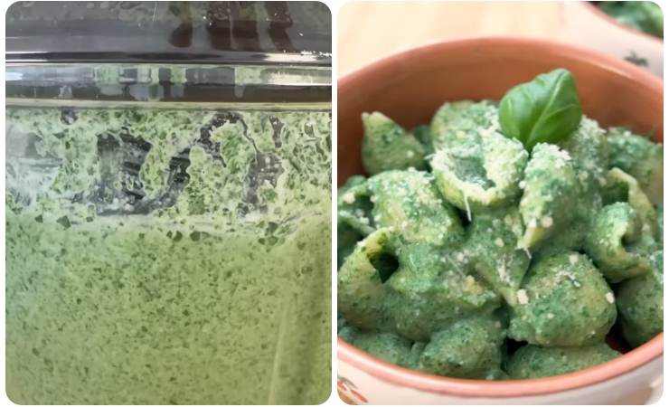 preparazione pasta con pesto di spinaci