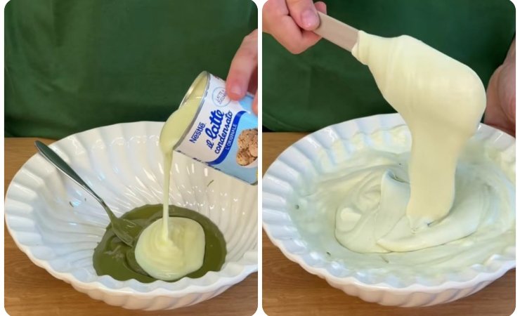 gelato preparato con pistacchio, latte condensato e panna