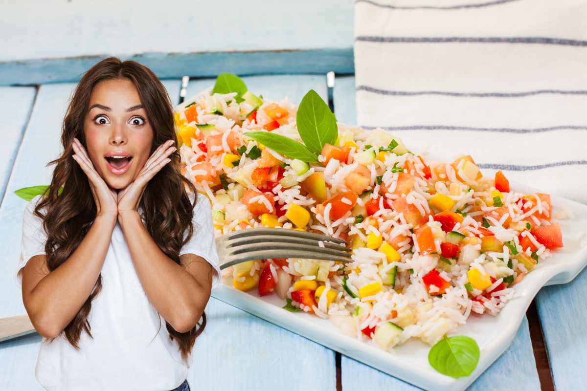 insalata di riso e donna stupita