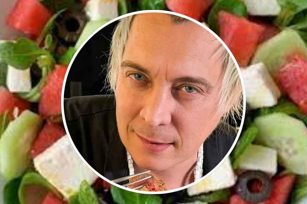 Un'insalata di anguria e, in evidenza, un primo piano di chef Mainardi