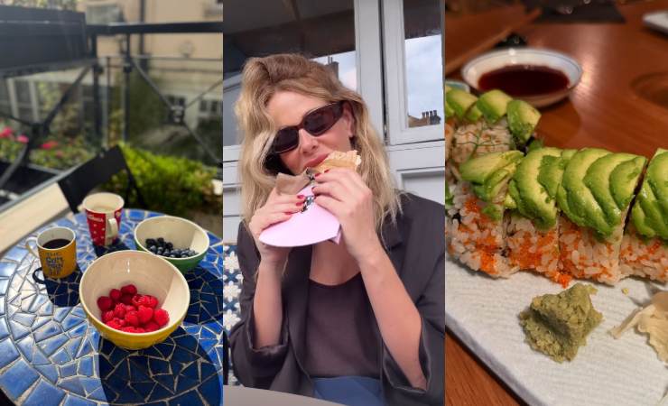 alessia marcuzzi che mangia panino, sushi e frutti rossi