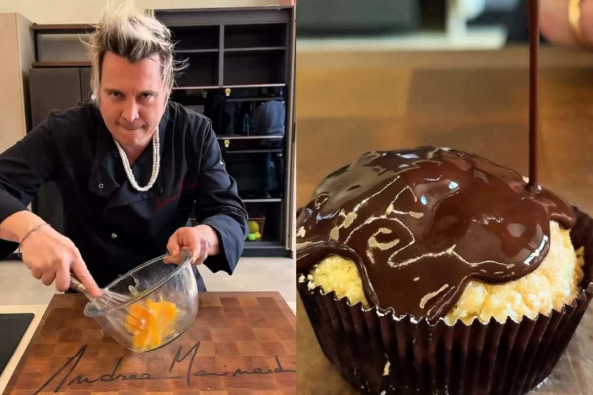 Collage di Andrea Mainardi in cucina e biscotto al cioccolato