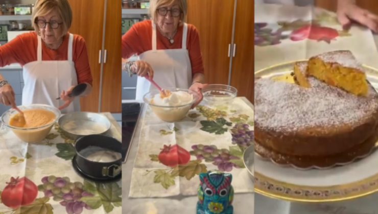Collage di Anna Moroni in cucina che prepara torta di carote