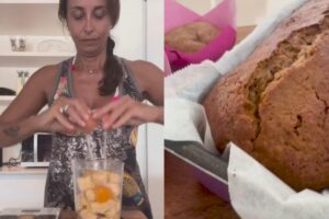 Collage di Benedetta Parodi che prepara un dolce e foto del dolce