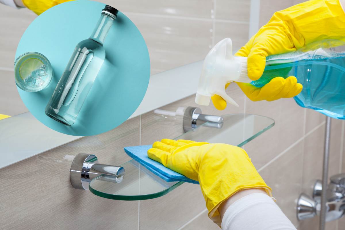 mani puliscono bagno e bottiglia vodka