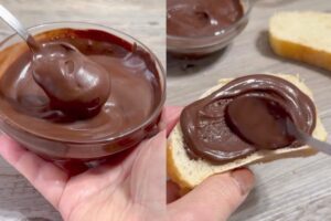 Collage della crema al cacao e fetta di pane con la crema al cacao