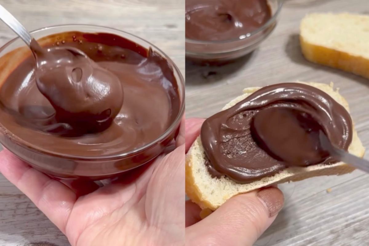 Collage della crema al cacao e fetta di pane con la crema al cacao
