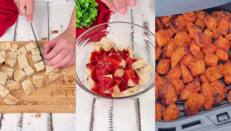 Preparazione dei crostini di pane alla pizzaiola