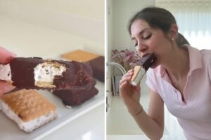 collage gelato al biscotto e ragazza che mangia il gelato