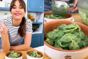 Collage Benedetta Parodi in cucina e pasta al pesto