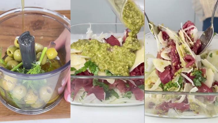 Preparazione dell'insalata di finocchi e bresaola