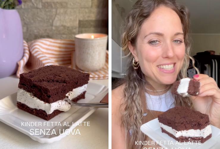 collage kinder fetta al latte e ragazza che mangia il dolce