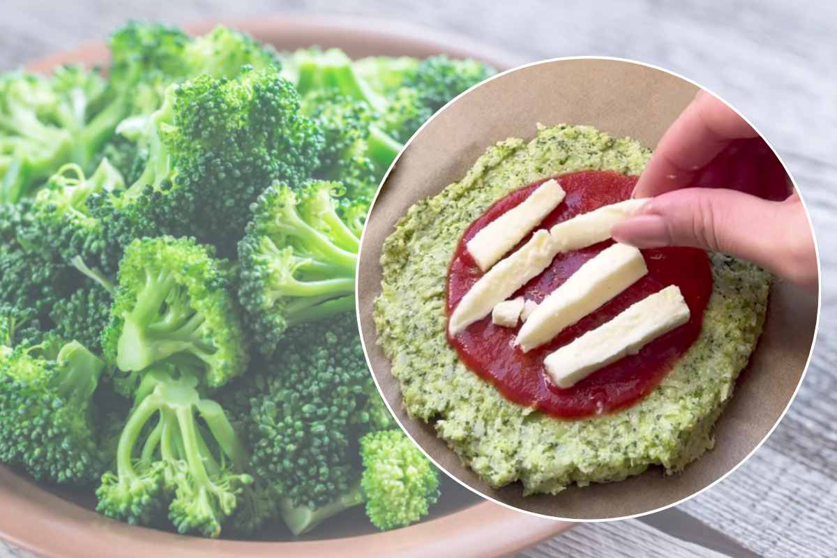 Pizzetta di broccoli e broccoli crudi nello sfondo
