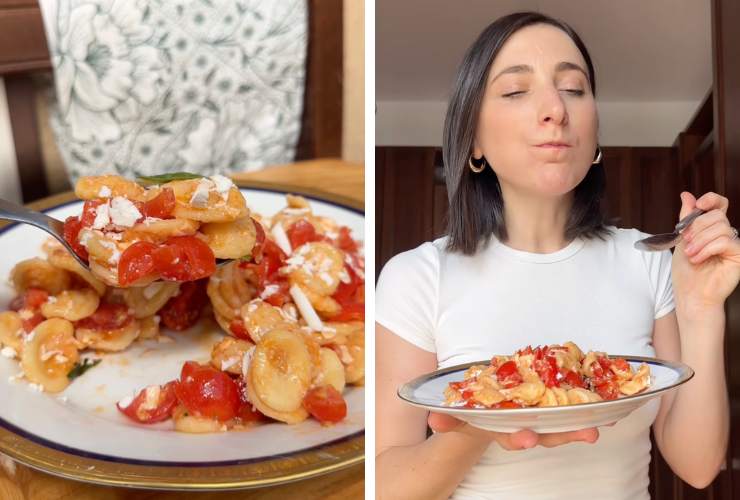 collage di ragazza che mangia e piatto di orecchiette con pomodorini