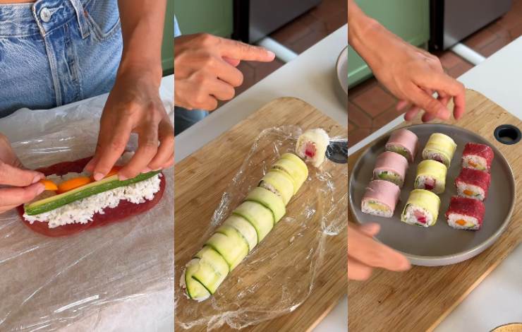 preparazione sushi con salumi