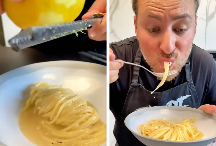 collage piatto di spaghetti e chef che mangia gli spaghetti