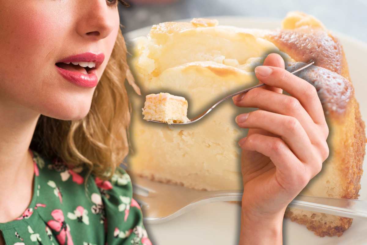 donna che mangia e fetta di dolce